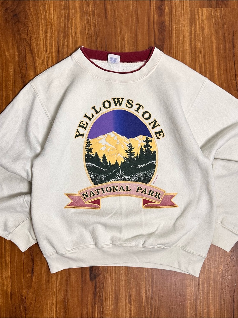 Vintage Cream Yellowstone National Park Graphic Crewneck with Maroon Trim